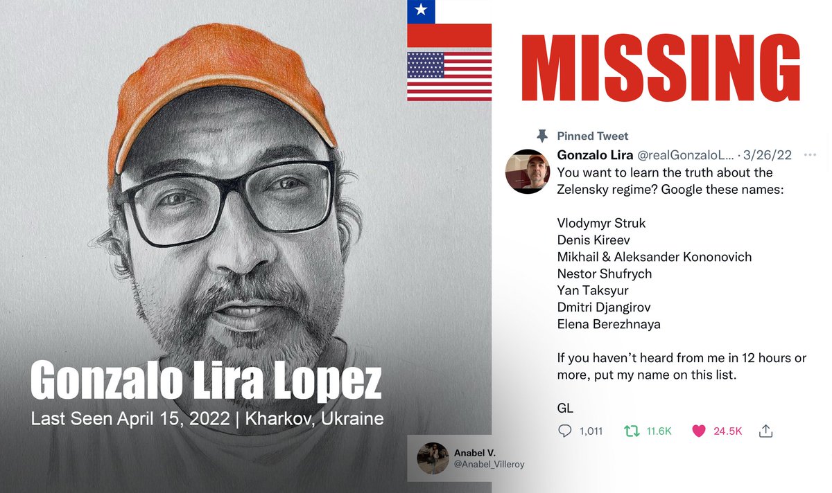 AnabelVilleroy's tweet photo. 🚨 MISSING – 5 days, 14 hours, and counting...

"If you haven’t heard from me in 12 hours or more, put my name on this list. GL"

Where is Gonzalo Lira?

@ChileMFA
@Minrel_Chile
@mission_russian 
@gabrielboric 
@xfuentes 
@camila_vallejo

#WhereIsGonzaloLira https://t.co/ABB4h4Tk8S