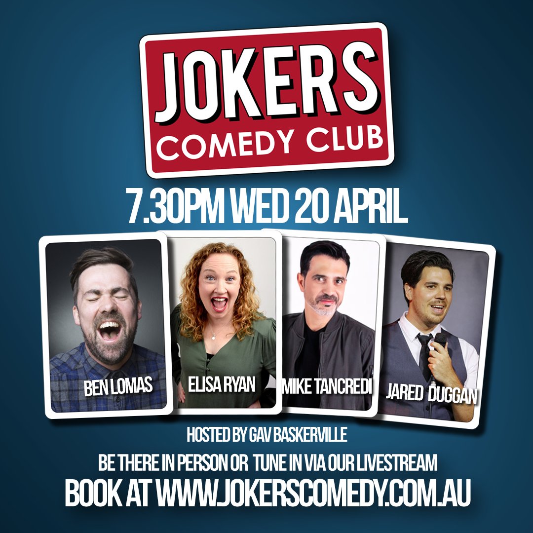 Jokers_Hobart's tweet photo. TONIGHT! 7.30pm. Save $5 per ticket by booking online before 2pm. https://t.co/8JcOI2zZDY https://t.co/4K9mYumiER