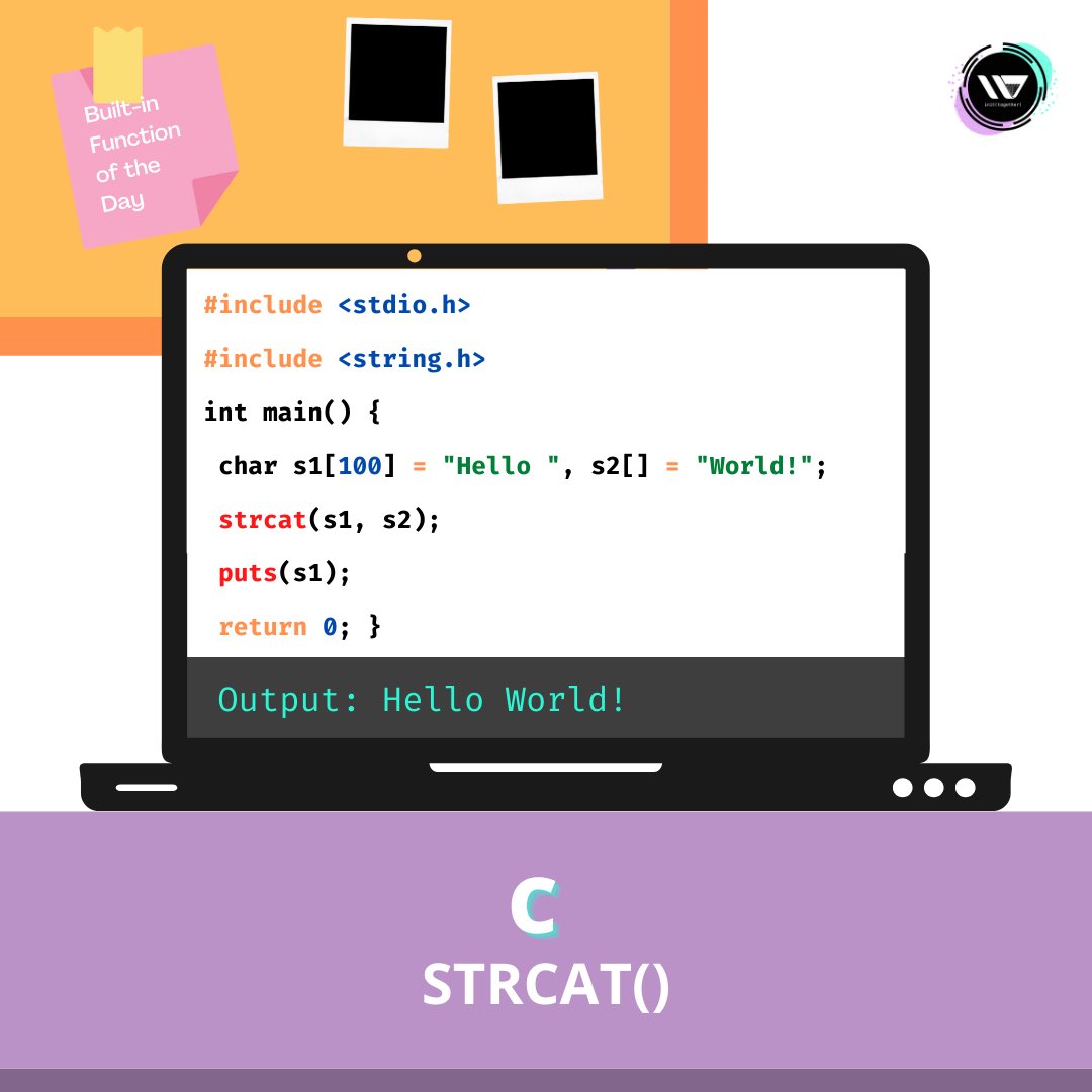 tmu_wics's tweet photo. 🔨Built-in Function of the Day: C strcat() 🔨 

The strcat() function concatenates the destination string and the source string, and the result is stored in the destination string. It is defined in the string.h header file.

#programming #coding #codingtips https://t.co/2P6b3xSPED