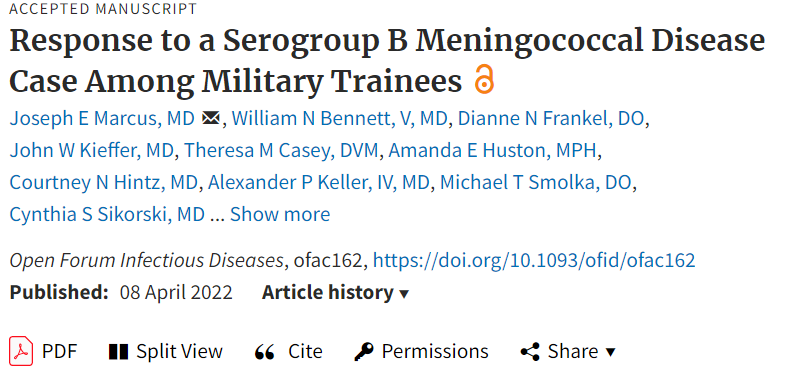 IDSAInfo's tweet photo. A new article in OFID describes the public health response to a military trainee who developed group B #meningococcal disease while sharing underwater breathing equipment. 

📄:https://t.co/qPYGPVuISS @PaulSaxMD @DrJLi #IDSAJournals #OpenForumInfectDis https://t.co/GyNNPiJZOm