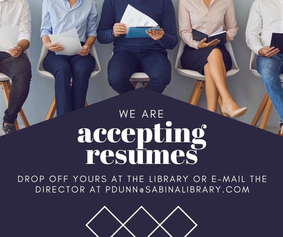 Sabina_Library's tweet image. The Sabina Public Library is currently accepting resumes from individuals who would be interested in a part-time library clerk position. Please find more details on our website: sabinalibrary.com
