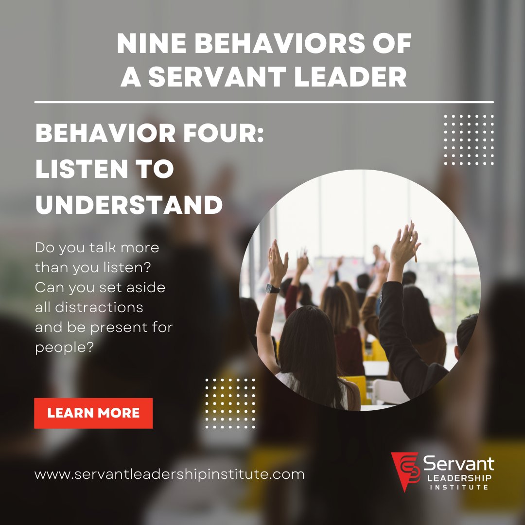 It's imperative that we are fully present in the conversations we hold. Make sure to listen with the intention to engage, rather than to react. Learn more about the servant leadership behaviors on our website -  link in bio! #servantleadership #behaviors #listeningskills #Listen