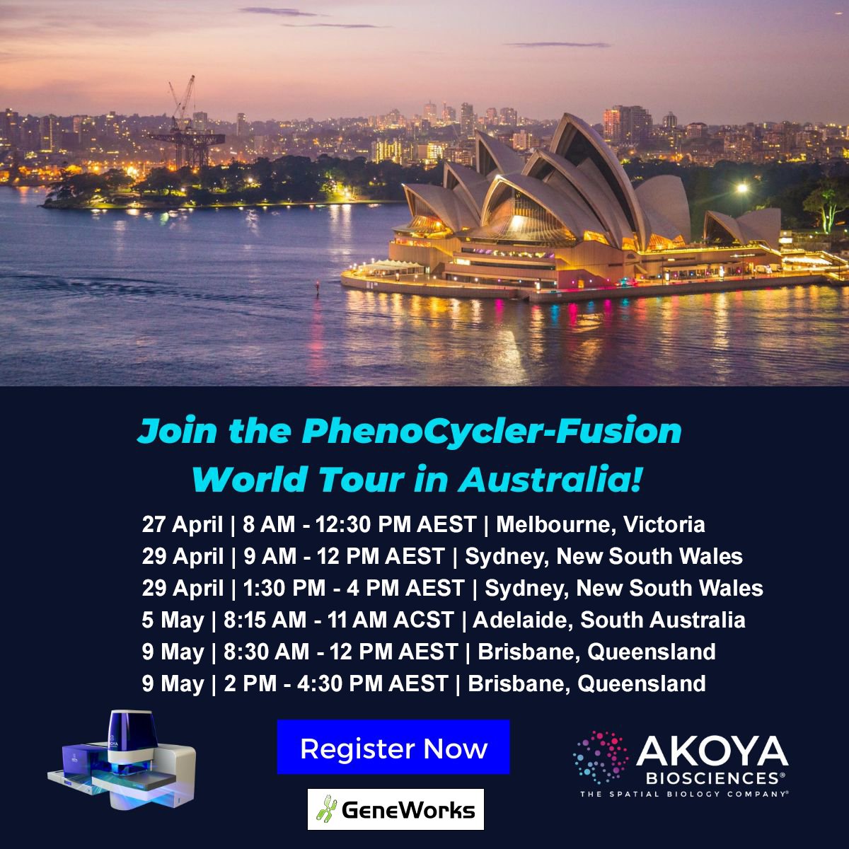 GeneWorks Australia (@geneworksaus) on Twitter photo Join us at one of our 6 upcoming in-person events in Australia & learn how to spatially phenotype your entire tissue in just hours with <a href="/AkoyaBio/">Akoya Biosciences</a> . Guest Speakers: <a href="/aruthak/">Arutha K</a>, <a href="/JWilmott38/">James Wilmott</a>, Jazmina González-Cruz, <a href="/TanjinaKader/">Tanjina Kader 🎗️</a>, <a href="/Theo_BrainC_lab/">Theo Mantamadiotis @BrainCancerLab</a>, <a href="/tking_medsci/">Thomas King</a>
eventbrite.com/o/akoya-biosci… Join us at one of our 6 upcoming in-person events in Australia & learn how to spatially phenotype your entire tissue in just hours with <a href="/AkoyaBio/">Akoya Biosciences</a> . Guest Speakers: <a href="/aruthak/">Arutha K</a>, <a href="/JWilmott38/">James Wilmott</a>, Jazmina González-Cruz, <a href="/TanjinaKader/">Tanjina Kader 🎗️</a>, <a href="/Theo_BrainC_lab/">Theo Mantamadiotis @BrainCancerLab</a>, <a href="/tking_medsci/">Thomas King</a>
eventbrite.com/o/akoya-biosci…