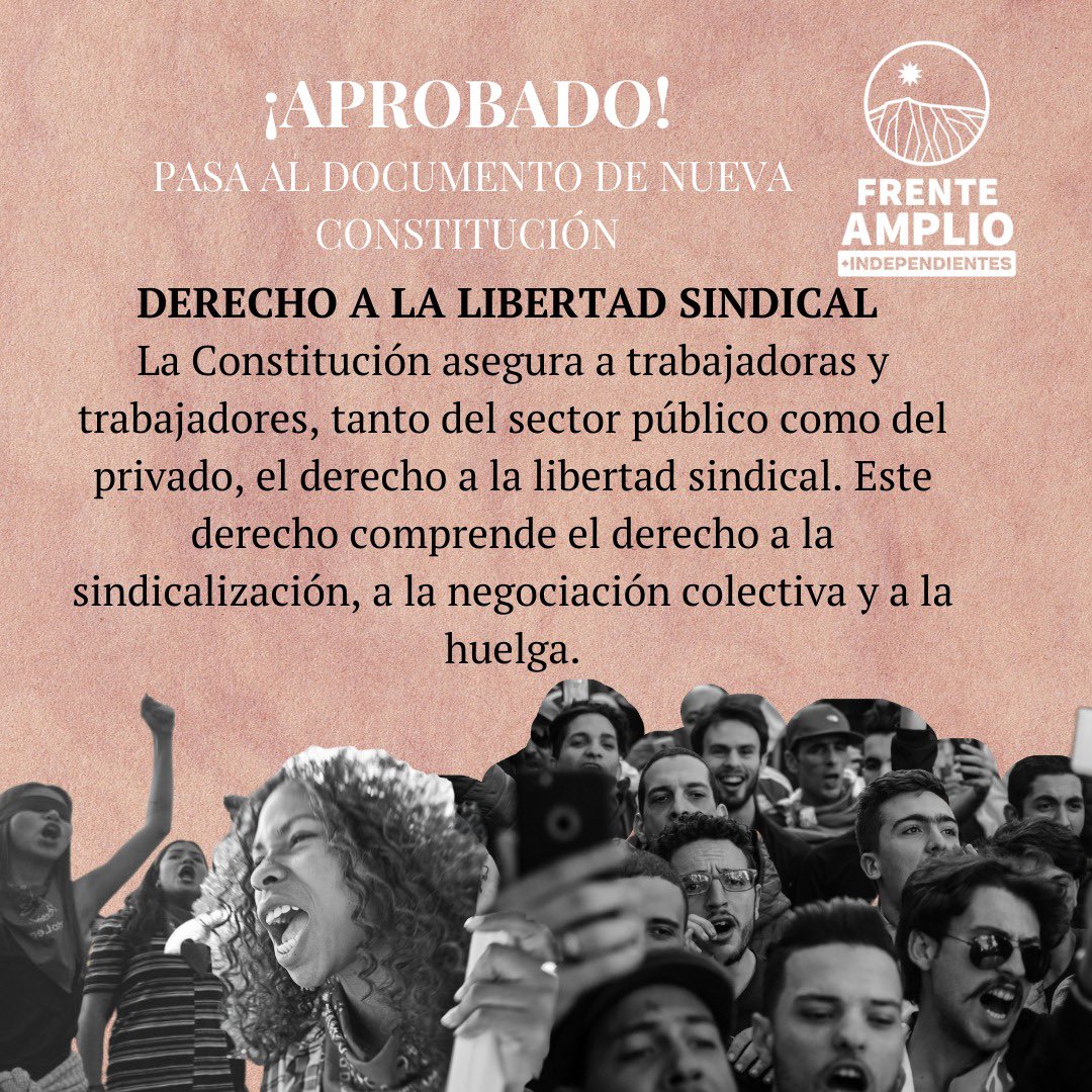 ConstituyenteFA's tweet photo. ¡Aprobado con 127 votos! Pasa al borrador! “La Constitución asegura a trabajadores, tanto del sector público como del privado, el derecho a la libertad sindical. Este derecho comprende el derecho a la sindicalización, a la negociación colectiva y a la huelga.” https://t.co/7JTnGFQ7Mz