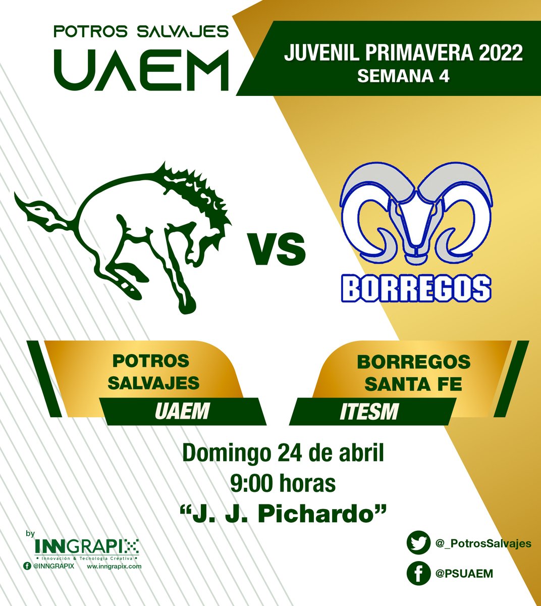 Nuevamente la Juvenil de #PotrosSalvajesUAEM juega en casa, reciben a Borregos ITESM CSF.
#GoGreenNation #OrgulloVerdeYOro #JuvenilDePrimavera2022