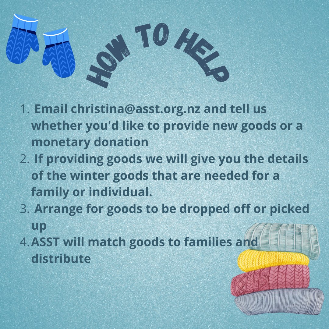 Asylum Seeker Support Trust (@asylum_trust_nz) on Twitter photo ❄️ASST wants to make sure our community stays warm this winter. We are seeking donations of new winter clothes, blankets and heaters for families.
❄️Contact Christina at christina@asst.org.nz or 02040984607 for more information! ❄️ASST wants to make sure our community stays warm this winter. We are seeking donations of new winter clothes, blankets and heaters for families.
❄️Contact Christina at christina@asst.org.nz or 02040984607 for more information!
