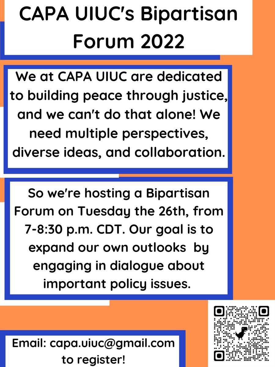 capa_uiuc's tweet photo. Please #JoinUs for CAPA UIUC's Second Annual Bipartisan Forum on April 26th, 2022 from 7:00pm to 8:30pm CST.  Please #register for the event at the link below!  Contact us at capa.uiuc@gmail.com if you have any questions! https://t.co/NjNBzP390P https://t.co/7lKKHU2GHz
