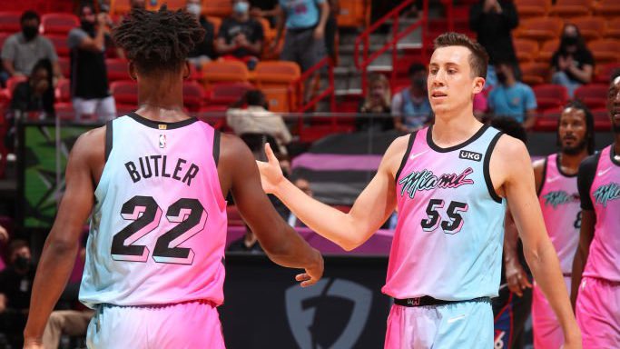 Miami Heat guard Duncan Robinson breaks “no cussing rule” to congratulate Jimmy Butler on scoring 45 in Game 2: “Frick yeah, my guy!” sources tell ESPN.