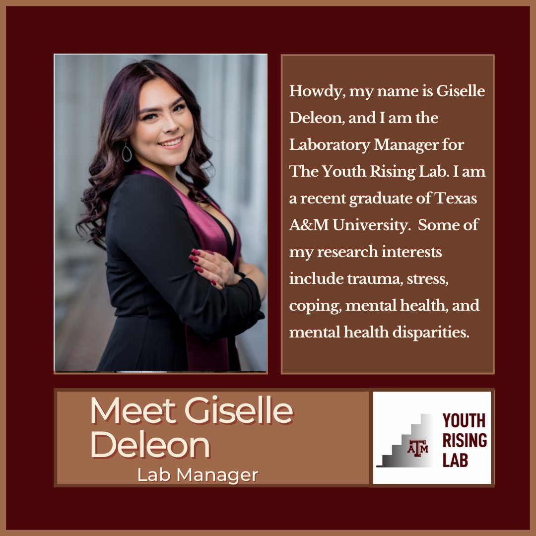 YouthRisingLab's tweet photo. Meet Our Lab Manager! Giselle Deleon recently received her undergraduate degree in psychology from Texas A&amp;M. Her interests include trauma, stress, coping, mental health, and mental health disparities. So grateful for her hard work for our lab! https://t.co/Kx8GgDdTEo