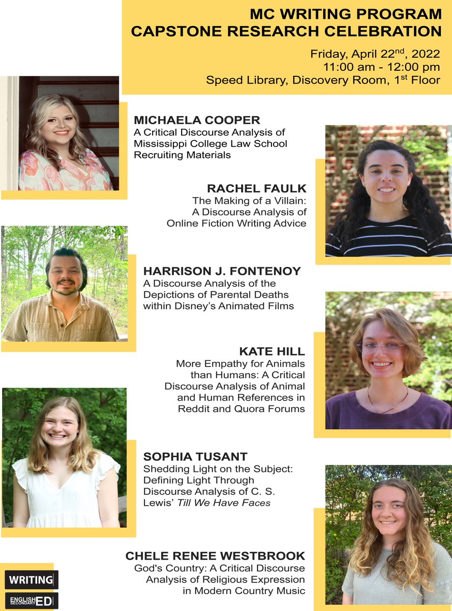 Join us this Friday, @MissCollege, for the <a href="/MC_Writing/">MC Writing Program</a> Capstone Research Celebrations--round-robin style discussions, with presenters sharing highlights from their projects and answering questions.  Come and go as you can--we hope to see you!  <a href="/mc_engphil/">MC Department of English & Philosophy</a>