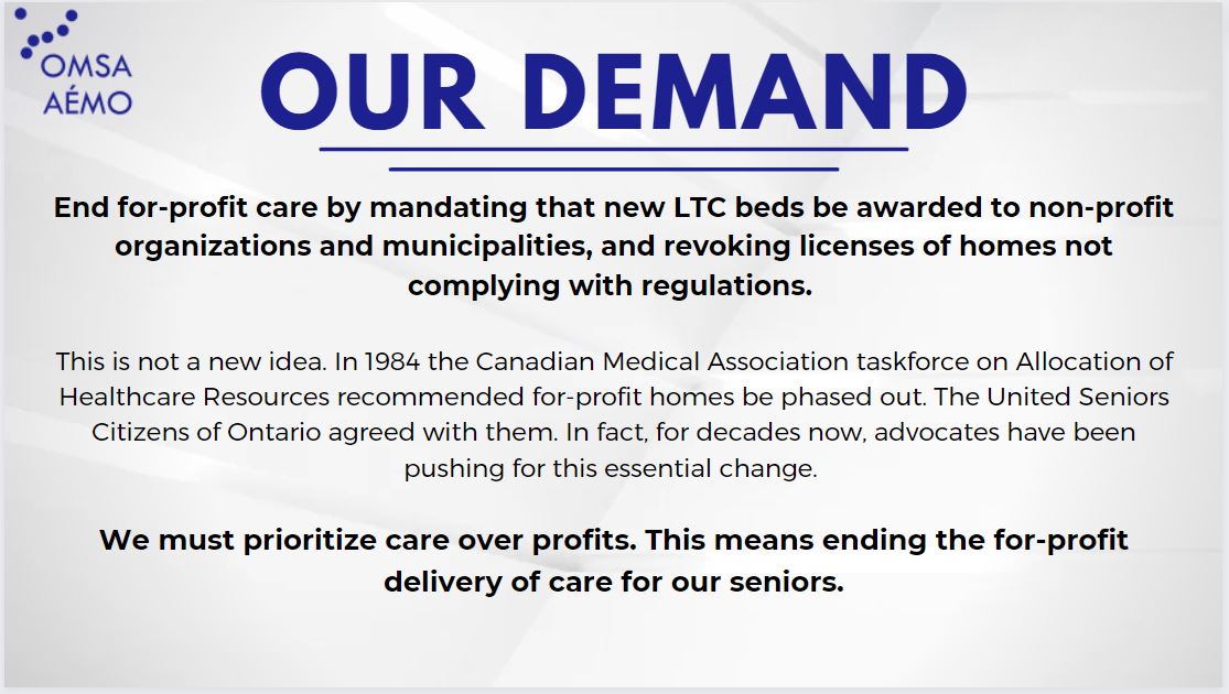 The evidence is clear, for-profit #LTC homes have failed to provide safe and adequate care. Mortality and hospitalization rates are worse in these facilities compared to non-profit and municipal LTC homes. We urgently call on policy makers to phase out for-profit care. #OMSADoA