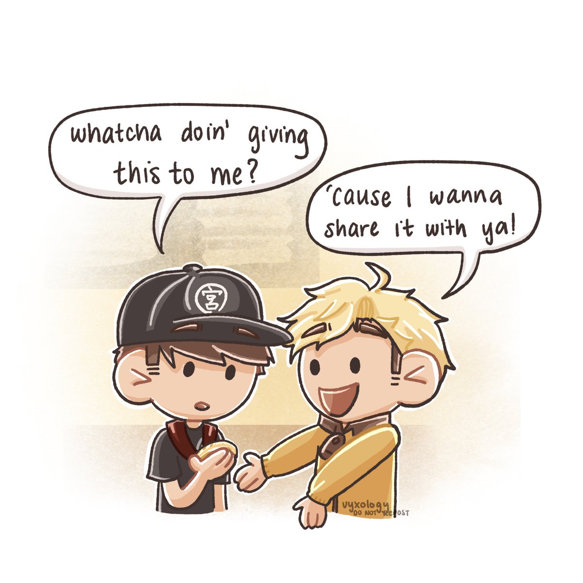 vyxology's tweet photo. the one time Atsumu willing shares with Osamu🏅

#haikyuu #miyatwins #miyaosamu #miyaatsumu https://t.co/KwQMjmv3cm
