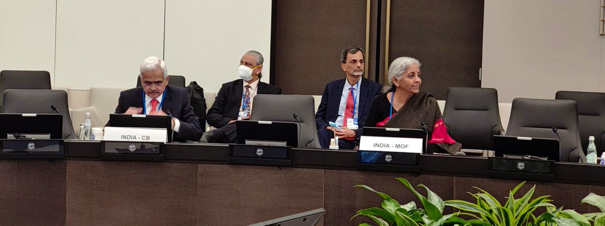 FinMinIndia's tweet photo. Union Finance Minister Smt. @nsitharaman &amp; Shri @DasShaktikanta @RBI attend the #G20 Emerging Market Economies #EMEs meeting organised by @IMFNews in Washington D.C., today, on the sidelines of the upcoming #G20 Finance Ministers and Central Bank Governors Meeting #FMCBG. (1/4) https://t.co/GMdPK4KuC9