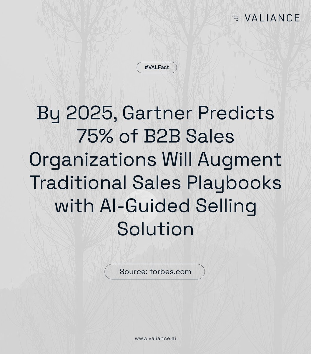 valianceai's tweet photo. #VALFact: Gartner Predicts 75% of B2B Sales Organizations Will Augment Traditional Sales Playbooks with AI-Guided Selling Solutions By 2025. https://t.co/E8SdfzHcwm