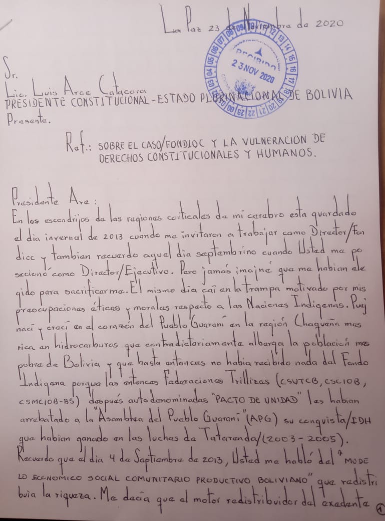 AndrsGomezV's tweet photo. #MarcoAramayo informó en noviembre de 2020 al presidente Luis Arce sobre la injusticia que padecía y le sugirió tres pasos para investigar el desfalco del Fondo Indígena. Arce no lo escuchó. https://t.co/dshCy2Xlqu