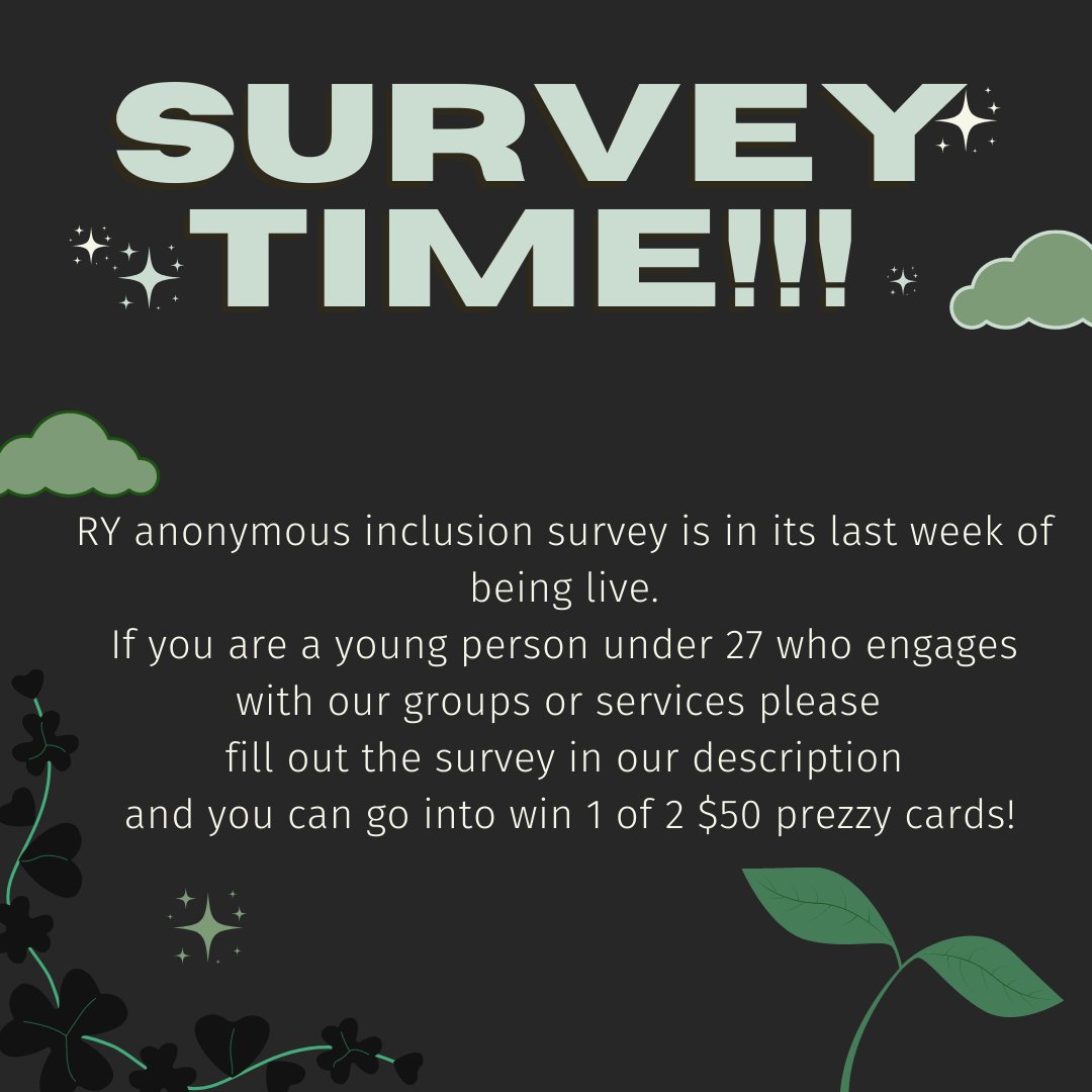 If you're 27 and under, have attended a RY group or talked to a support worker, share your experiences with us! we're striving to be better and do better, so honest feedback is important to us!⁠⁠
go into the draw to win one of 2 $50 prezzy cards. ⁠⁠
form.jotform.com/220927956853065