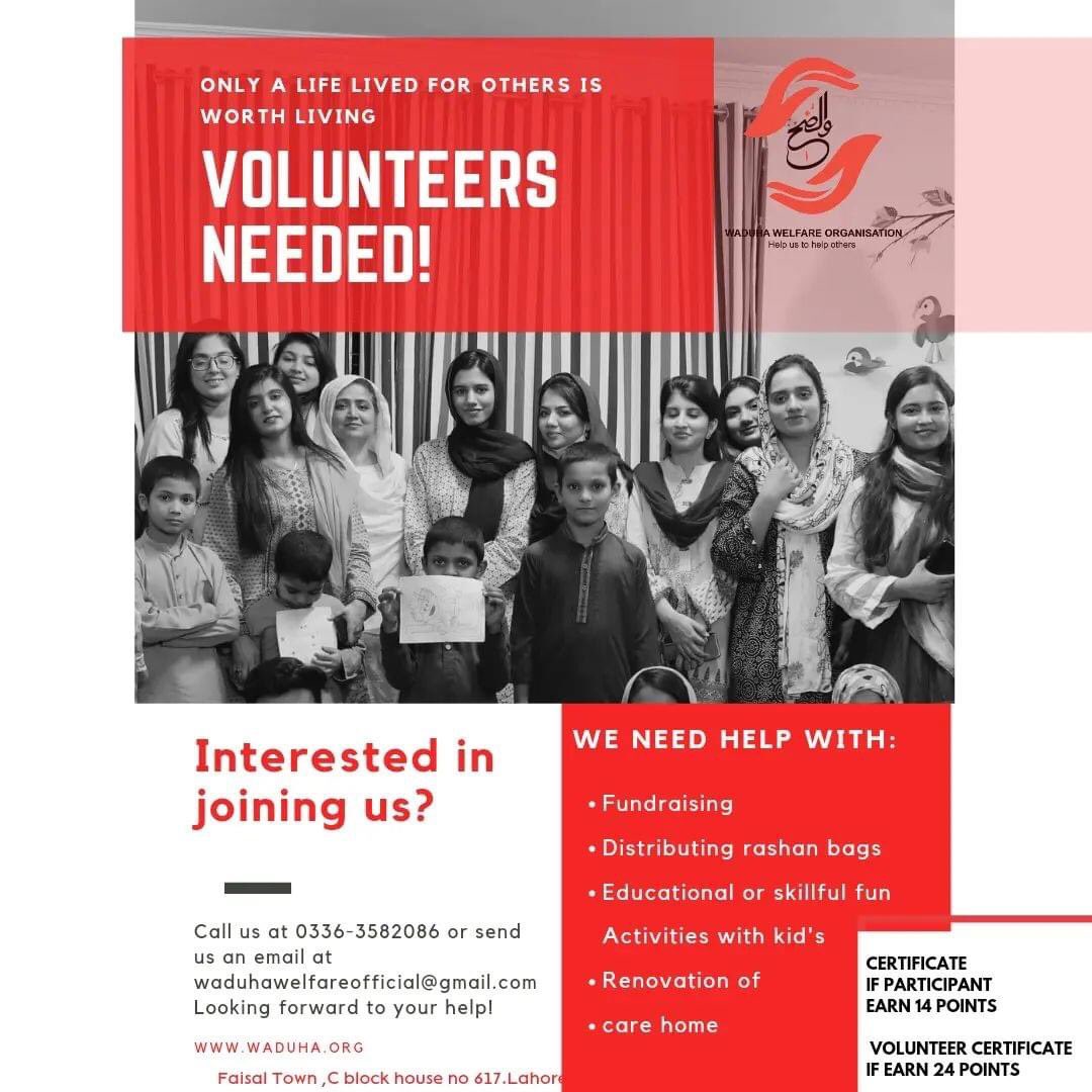 If you want to become a pathway towards goodness in society, join us in cause of seeking Allah and help bring balance to society.

Join now 0336-3582087
Inbox or mail us at waduhawelfareofficial@gmail.com

#volunteer #internshipprogram

instagram.com/waduhawelfareo…