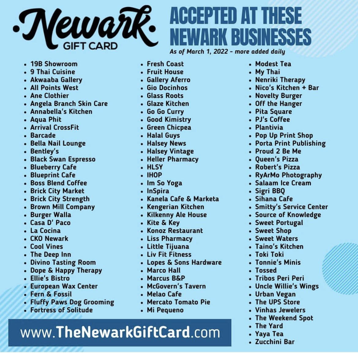 Check out what new businesses accept the Newark e-gift card! 
#newarknj #giftcard #savings
@newarkgiftcard

Visit the link below to learn more.

thenewarkgiftcard.com