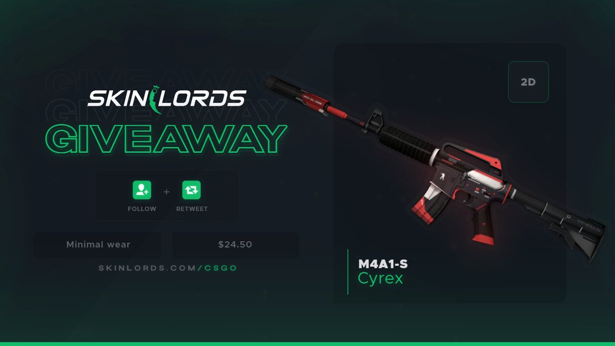 SkinLords's tweet photo. M4A1-S Cyrex 🎁 CSGO Skin Giveaway!

✅ To enter:
- Retweet and Follow us
- Tag a friend

Ends in two days! Best of luck! https://t.co/9MkvRVnz1F