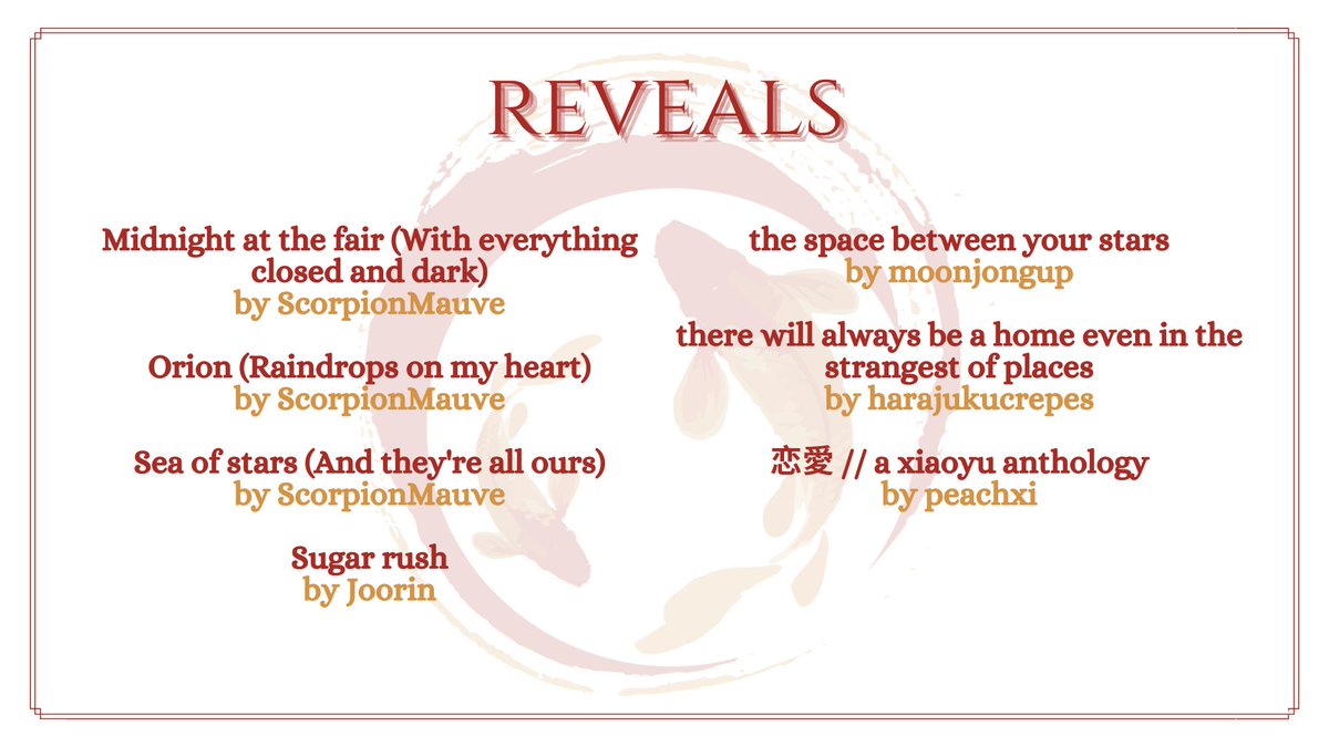 ✨REVEALS✨

Congrats to all the writers who wrote for the fanweek! ☺️❤️ Thank you for all your hard work!

Please feel free to tag us in your fic posts so we can rt them. If any writers have any submissions they couldn't finish in time, don't hesitate to tag us for promo~❤️🤍❤️