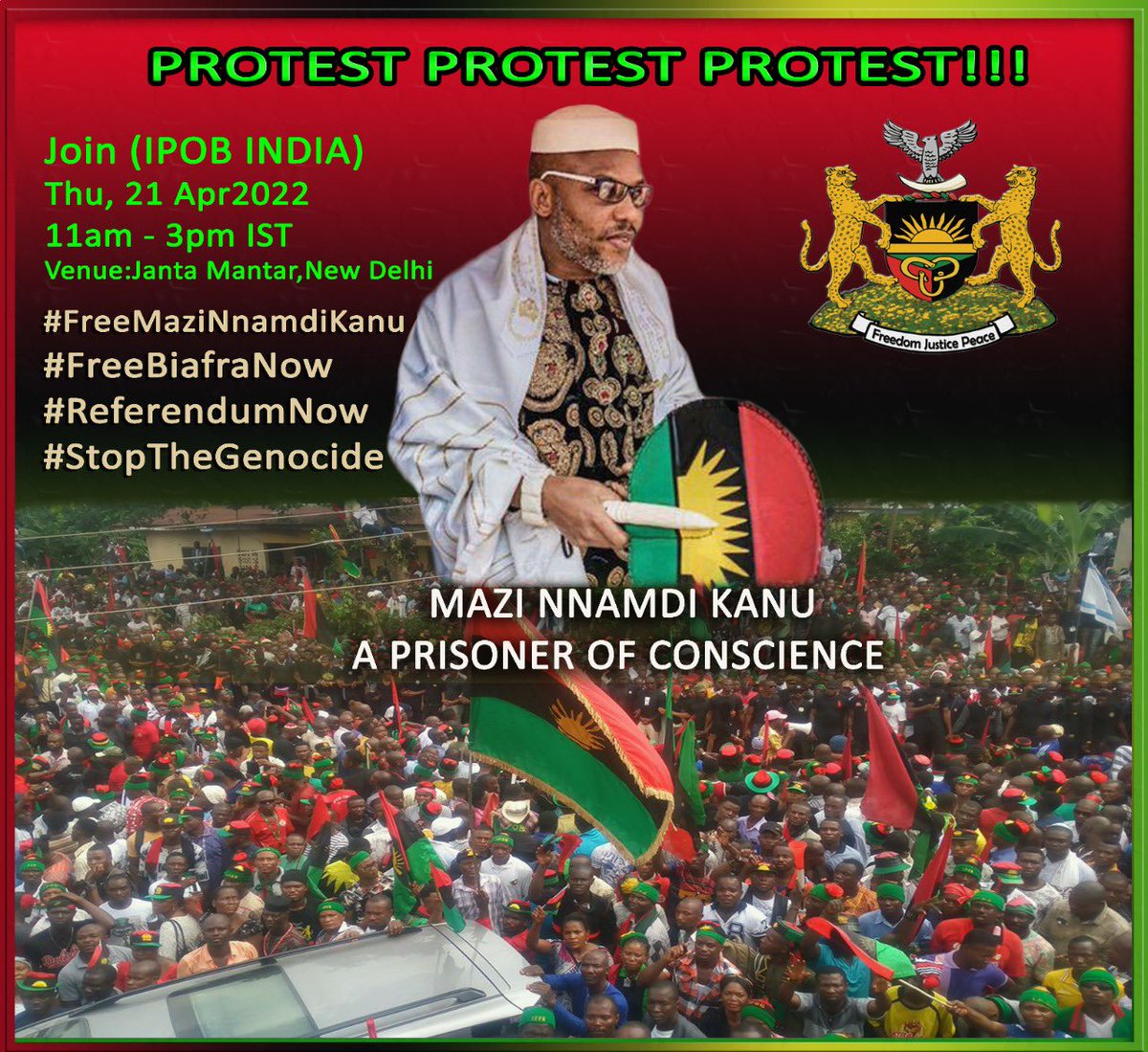 IndiaIpob's tweet photo. Everything will be on display. As a Biafran and lover of freedom, you don't have any excuses not to join us to make our voices heard tomorrow Thu, 21st Apr 2022 Time 11 am - 3 pm. 
#FreeBiafraNow #BiafranGenocide
#FreeMaziNnamdiKanuNow #Protest #NewDelhi #India #IPOB #IPOBINDIA https://t.co/lr142UvqC3