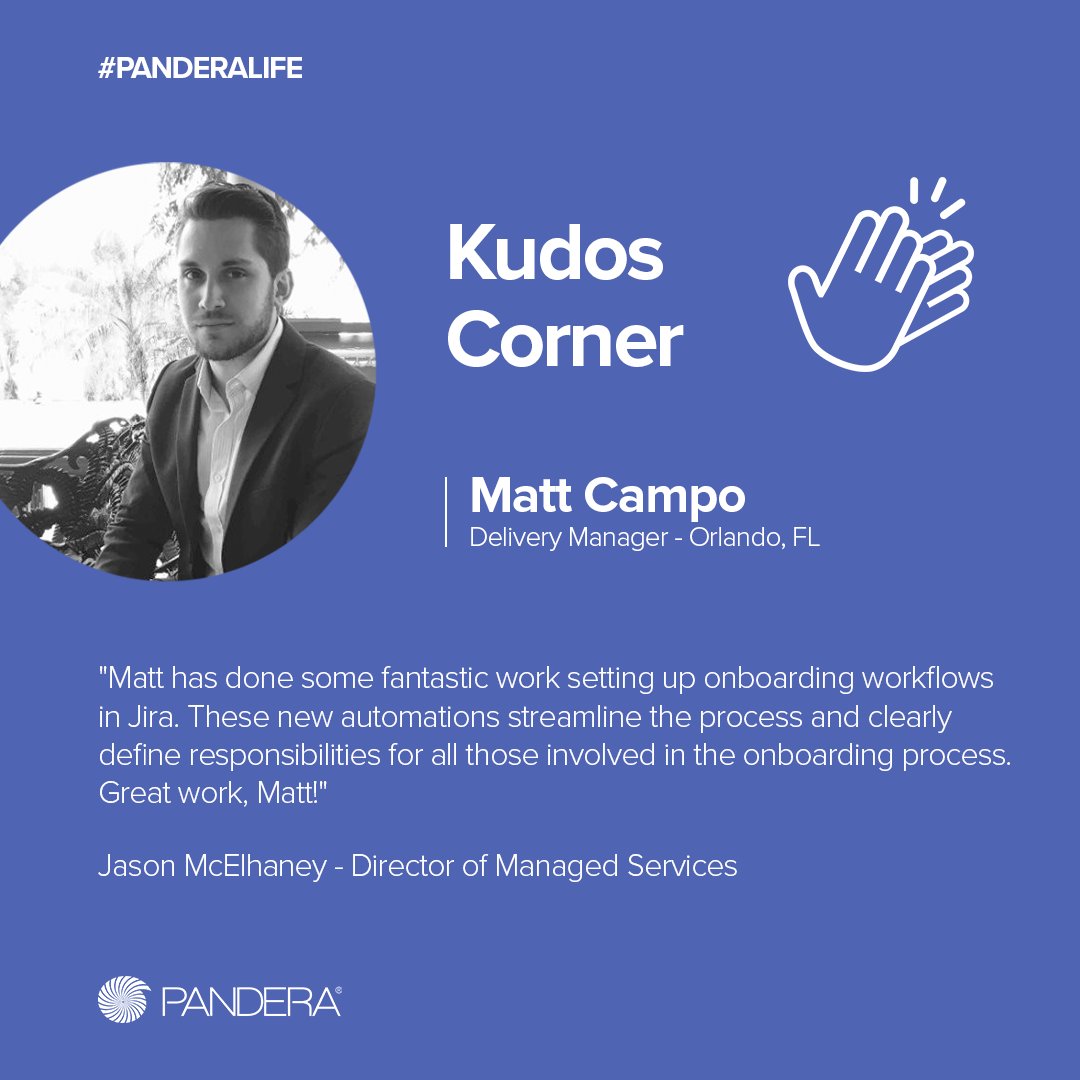 XDMatt1911's tweet photo. Some additional Kudos to Matt  Campo, who has been a big part of Pandera's Onboarding team efforts and is crucial to smoothing out the entire process for new team members. 

Way to go, Matt! 

We are Hiring! https://t.co/lmYXhbVZp7 

#kudos #kudoscorner #Panderalife https://t.co/jHilgvL1U2
