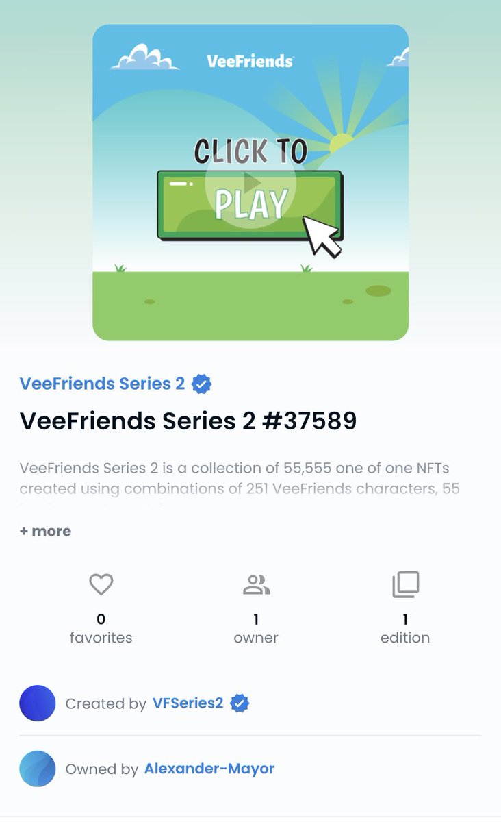 AlexanderMe_NFT's tweet photo. I’m part of the best community!!! Finally I’ve one NFT of @veefriends. Thanks @garyvee and team for the opportunity to mint 🙌🏼. Love how you create a game with #BookGames where anyone has the opportunity to win 👊🏼❤️ https://t.co/3uwSPA8Ies