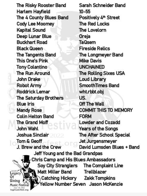 We have added Catching Hickory, Zakk Tompkins Music, Yellow Number Seven, Jason McKenzie Music! #LoG2022