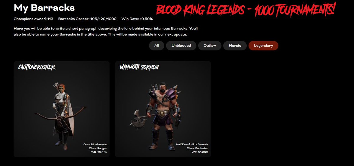 BloodKingLegend's tweet photo. BKL Barracks is proud to announce we've fought in 1000 tournaments in @TheRedVillage alpha! 

💯💯💯💯💯💯💯💯💯💯🩸👑🏆

We will now slow things down a bit and focus on stance optimization and tournament entry strategy.

Remember these two legends. Their time will come. 🩸👑🏆 https://t.co/kNyiCbLSzr