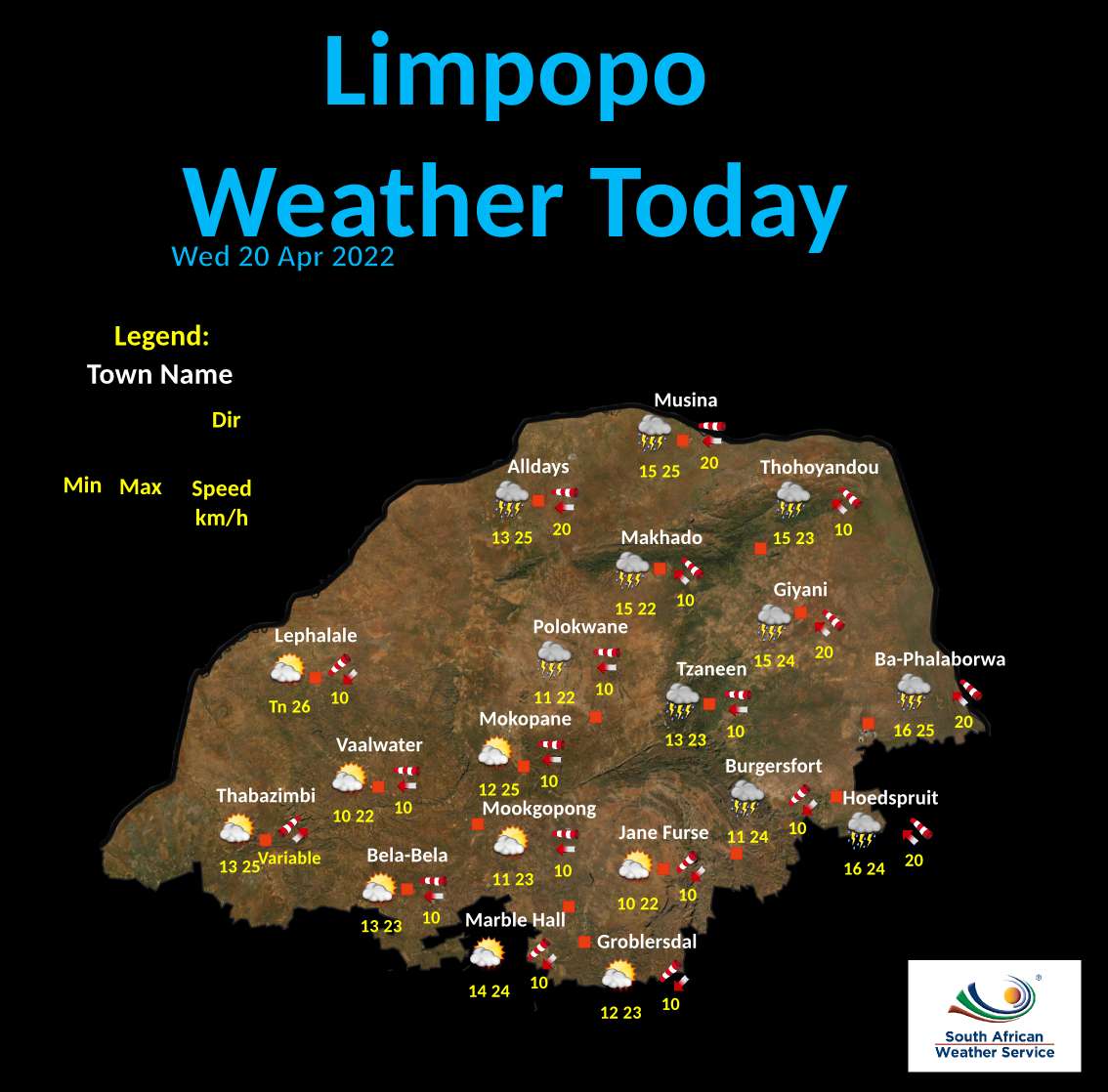VhembeO's tweet photo. LIMPOPO WEATHER | APRIL 20TH
Morning fog patches along the escarpment, otherwise cloudy and cool with isolated showers, except in South and South - West.
#VhembeObserver https://t.co/Lzo5C6fdA8