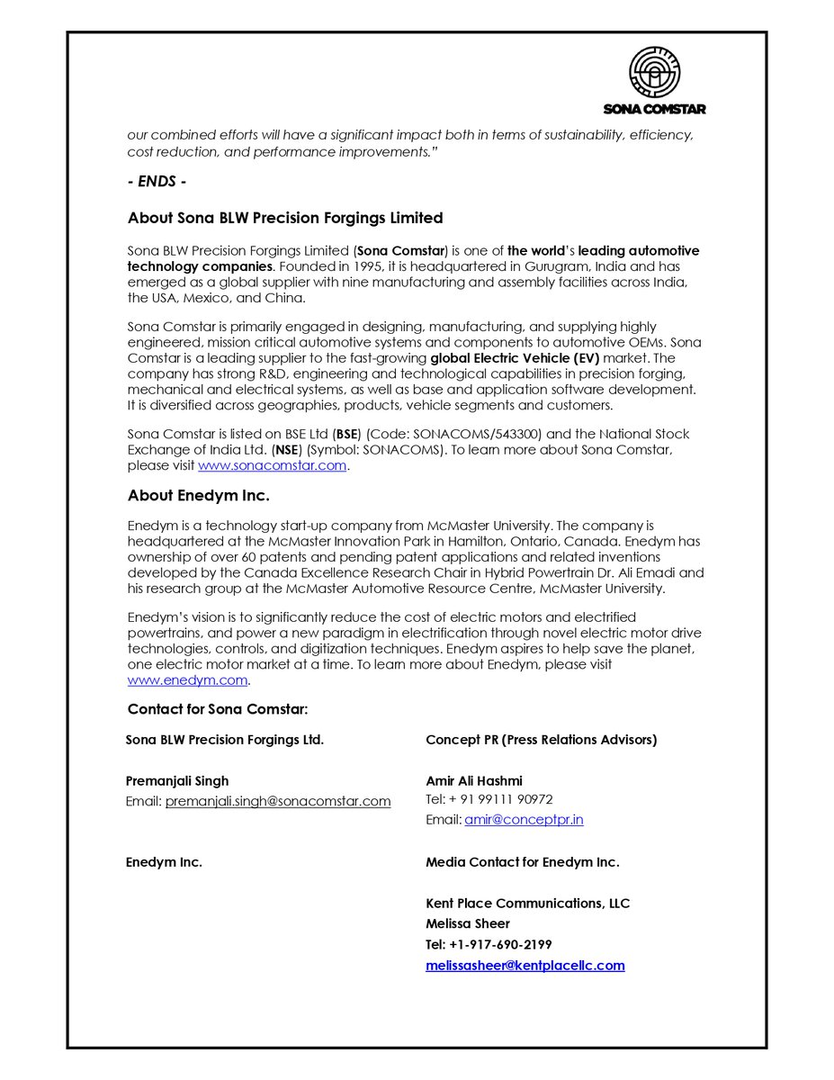 We are delighted to announce partnership with <a href="/EnedymInc/">Enedym Inc</a> to produce magnet-less motors for e3Ws, e-motorcycles and eLCVs in the power range of 10-40kW. This is a sustainable &amp; cost-effective solution with potential to substantially reduce import content. #SonaElectrifiesTomorrow