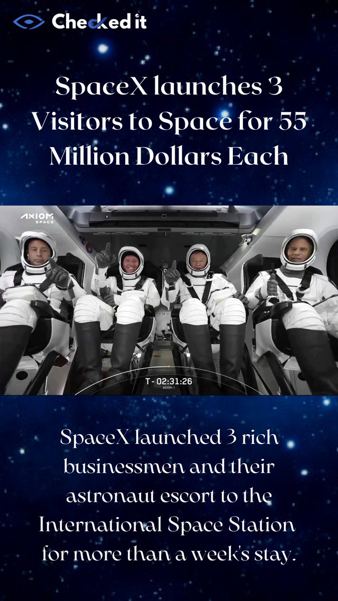 CheckedIt1's tweet photo. SpaceX flew three wealthy businessmen and an astronaut escort to the International Space Station for a stay of more than a week.
#space #spacestation #spacex #nasa #checkedit #checked_it #educhecked https://t.co/7SKPfbb5OB