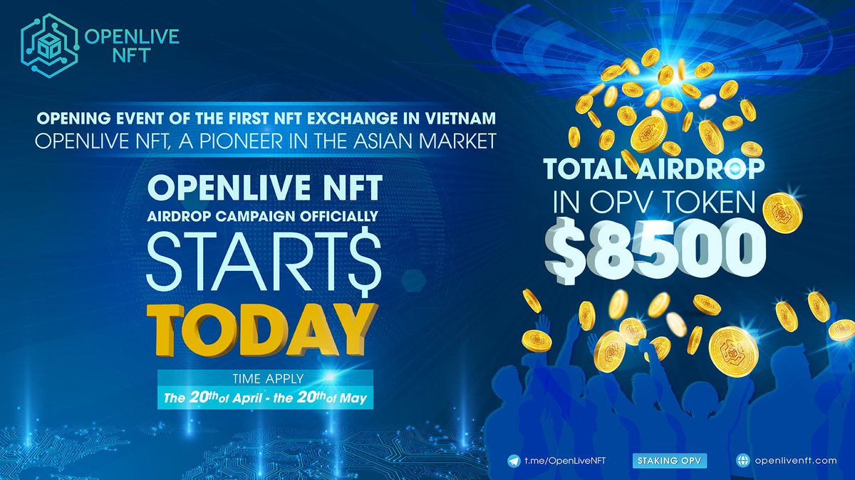 💵 Bot Airdrop is live!!

Participate in our Airdrop and Get $8 in OPV tokens for doing tasks.

Bot:
t.me/OpenLiveNFTAir…

Airdrop rewards will be distributed to your wallet address on May 25th and 1,000 lucky random participants will be rewarded.
#OpenLiveNFT #OPV #Airdrop