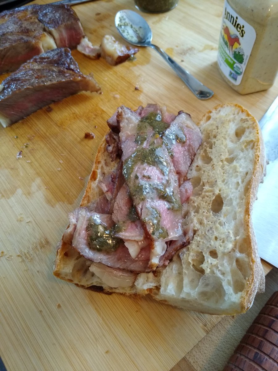 RightBodyShot's tweet image. Homemade reverse seared steak sandwich with  chimichurri sauce and mustard #cookingtherapy #homemade