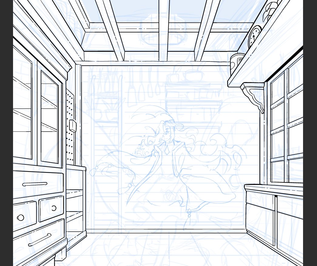 a little pass. adding furniture before the details. I like to do backgrounds first for some intricate illustrations. 