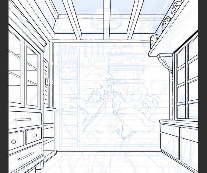 a little pass. adding furniture before the details. I like to do backgrounds first for some intricate illustrations. 