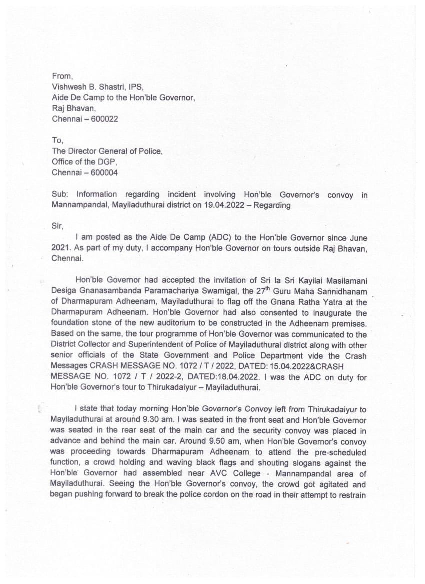 annamalai_k's tweet photo. TN Gov’s office in a letter sent to our state DGP confirms two things

1.Flag poles &amp; Projectile like materials thrown at Hon Gov’s convoy. Thank fully nothing happened to any of the occupants inside the car.This is despite the clear advance notice given to all the stake holders https://t.co/UblzkCGvFf