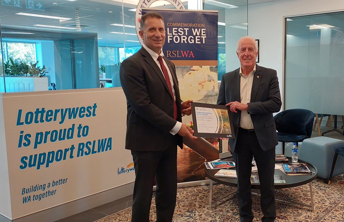 The Hon Paul Papalia CSC MLA presenting RSLWA CEO John McCourt the Lotterywest grant for ANZAC Day. A massive thank you to Lotterywest for their ongoing support. #ANZACDay #Lotterywest #Grant #RSLWA