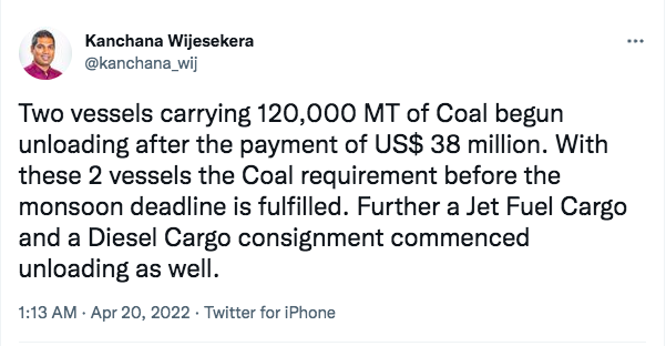 srilankatruth21's tweet photo. Energy Minister Hon. @kanchana_wij tweet with that 120,000 MT of Coal unloading as well as Jet Fuel and Diesel consignment is unloading too as well. 
Some positive news coming up! 

#lka #Energy #Crisis #Coal #Diesel #JetFuel https://t.co/2KJ9aJ9kA7