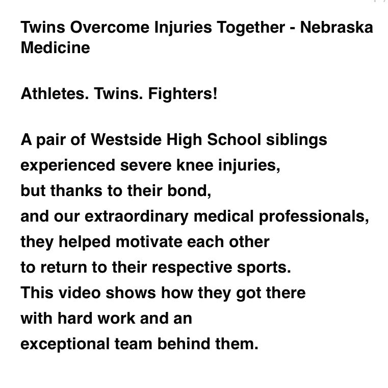 bbsips's tweet image. Serious medicine. 
Extraordinary care. 
These are our twins
@griffinbehrens @audreyb05 
&amp;amp; this is their story! facebook.com/NebraskaMed/vi…
#hardwork #relentless #mentalfortitude  #grateful #thankyouall @NebraskaMed @UNMC_Ortho  @coreomaha00 @WHS_WarriorFB @WestsideVball  @Premier_VB