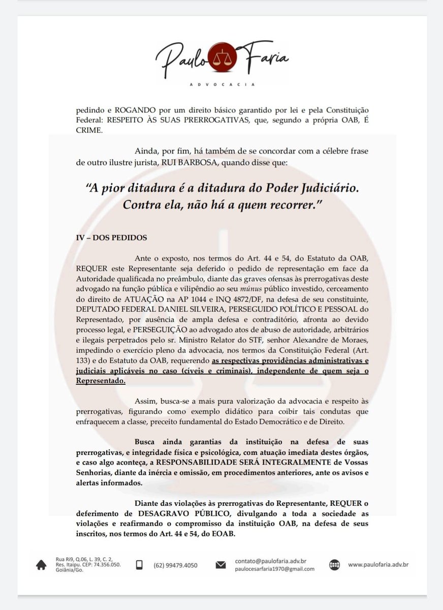 drpaulofaria22's tweet photo. Sr. Alexandre de Moraes, quando vem com o PEIXE, já estou com o PIRÃO prontinho.
No último dia 07 de abril de 2022, levei ao @CFOAB a SEXTA REPRESENTAÇÃO contra o senhor: VIOLAÇÃO ÀS PRERROGATIVAS. Crime. ✌️
Eis a peça:
https://t.co/j890B78G1p
Protocolo nº: 49.0000.2022.003820-8 https://t.co/DtQ4ga8QMR