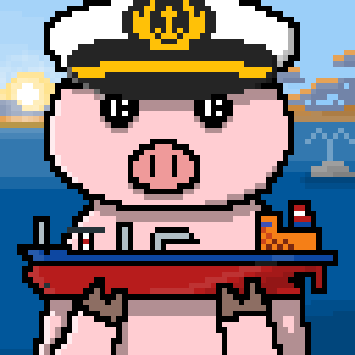 A piggy investor who holds a tanker.

“When the market goes to hell, it’s more of an opportunity than a problem.”
—John Fredriksen

#PiggyIC #NFT #pixelart