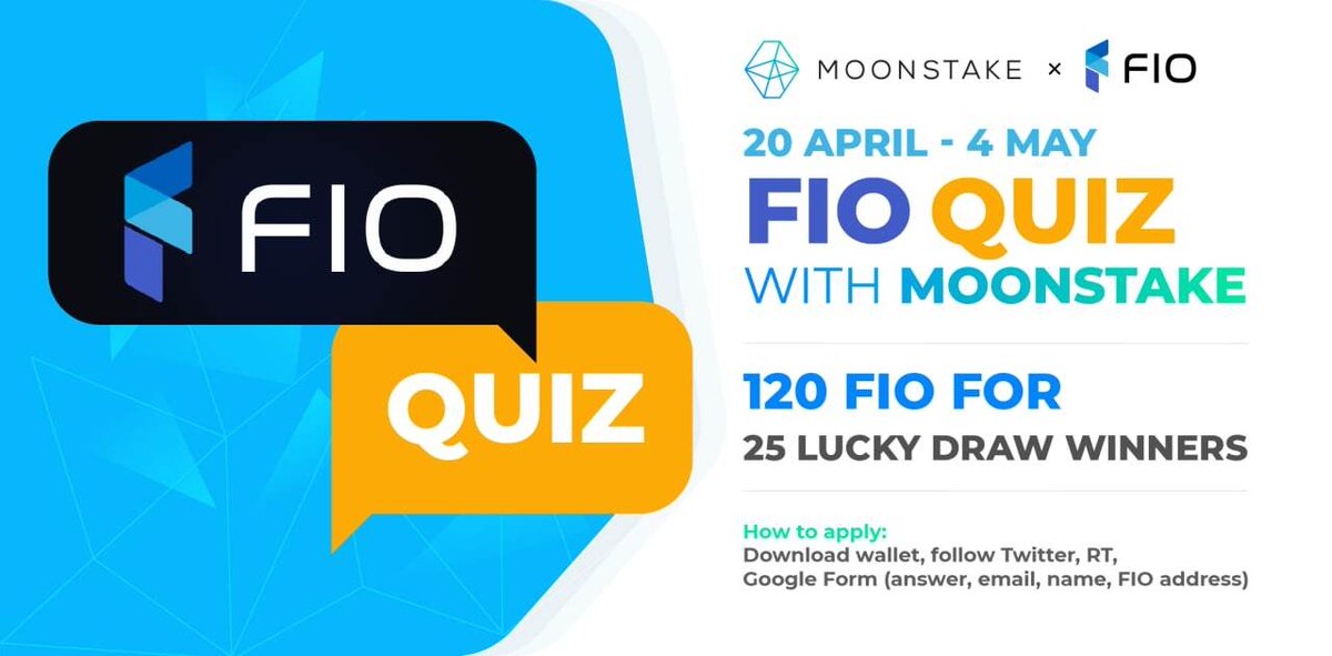 Join #FIOQuizwithMoonstake for a chance to win 3,000 total $FIO for 25 winners, only till 4 May 2022!

forms.gle/8wh1MizhgHmnKh…

How to apply: Follow us, RT, download Moonstake Wallet, and fill out the Google Form to enter our lucky draw. <a href="/joinFIO/">FIO Protocol</a>
