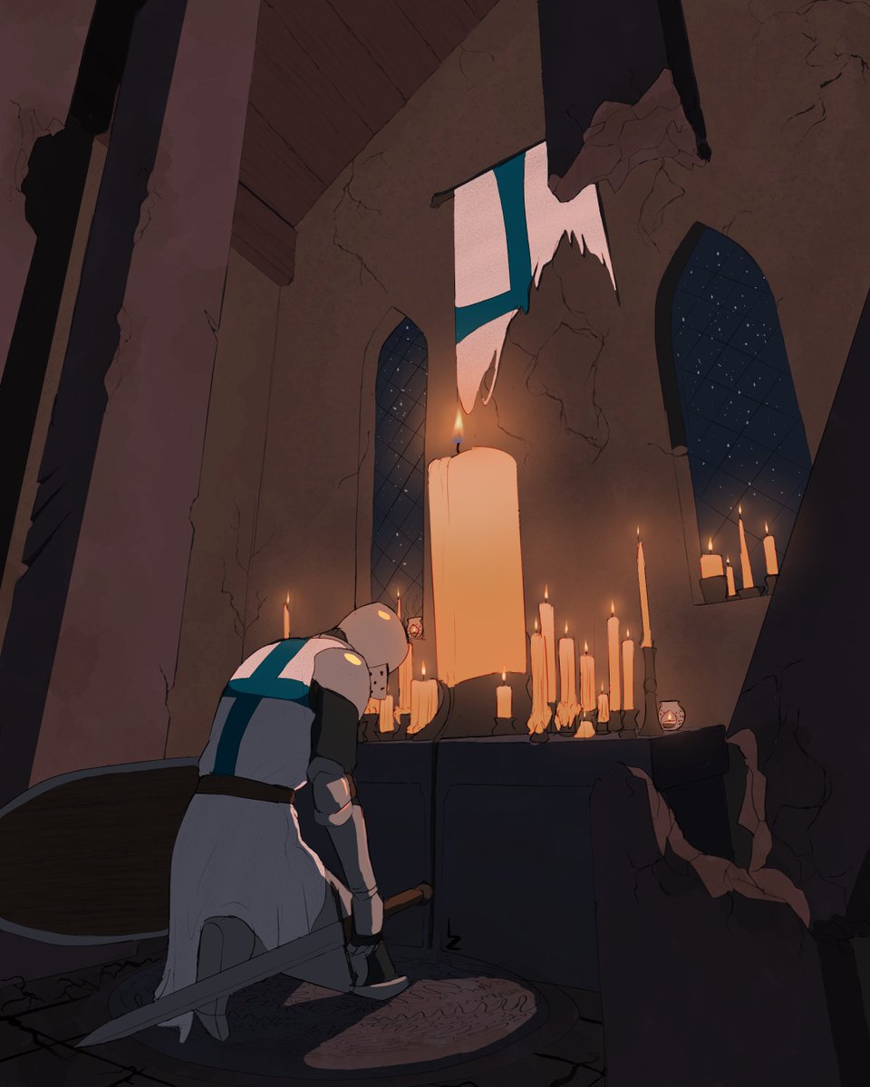 My lovely friend @LordZonar just drew this sublime illustration, inspired by my game Falchion.

In it, your player will respawn at save points marked by shrines of candles - the wax drips, reconstructing you, for you to live another day. #indiedev #gamedev