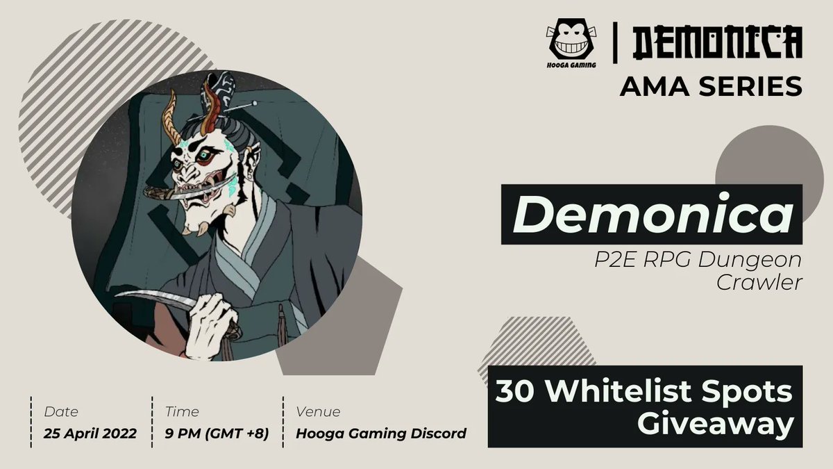 📣 Hooga Gaming x Demonica AMA series 📣

We are giving away 30 Demonica whitelist spots to celebrate the AMA series.

To enter: 
1️⃣ Follow <a href="/HoogaGaming/">Hooga Gaming</a> &amp; <a href="/DemonicaNFT/">Demonica</a>
2️⃣ RT &amp; Tag 3 friends
3️⃣ Join discord.gg/AEgMj4CwhJ &amp; discord.gg/demonica