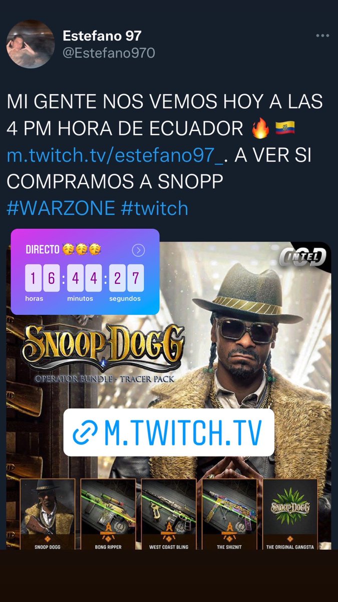 Estefano970's tweet photo. PILAS https://t.co/HRWvo4EYRB #twitch #warzone #snoppdog 🔥🔥🍁🍁 https://t.co/Ul0hw5E9Hk