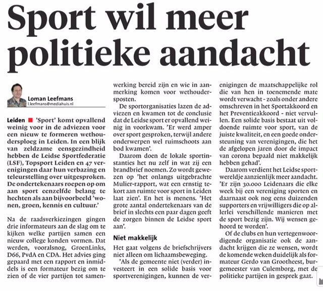 Meer aandacht voor #sport in <a href="/GemeenteLeiden/">Gemeente Leiden</a> onder de aandacht gebracht door <a href="/LSFLeiden/">LSF</a> <a href="/Topsportleiden/">Topsport Leiden</a> @paulgoulmy <a href="/nienkeledegang/">Nienke Ledegang</a> @winand <a href="/reannevankleef/">Reanne van Kleef</a> <a href="/martijnpeetsold/">martijn peetsold</a>