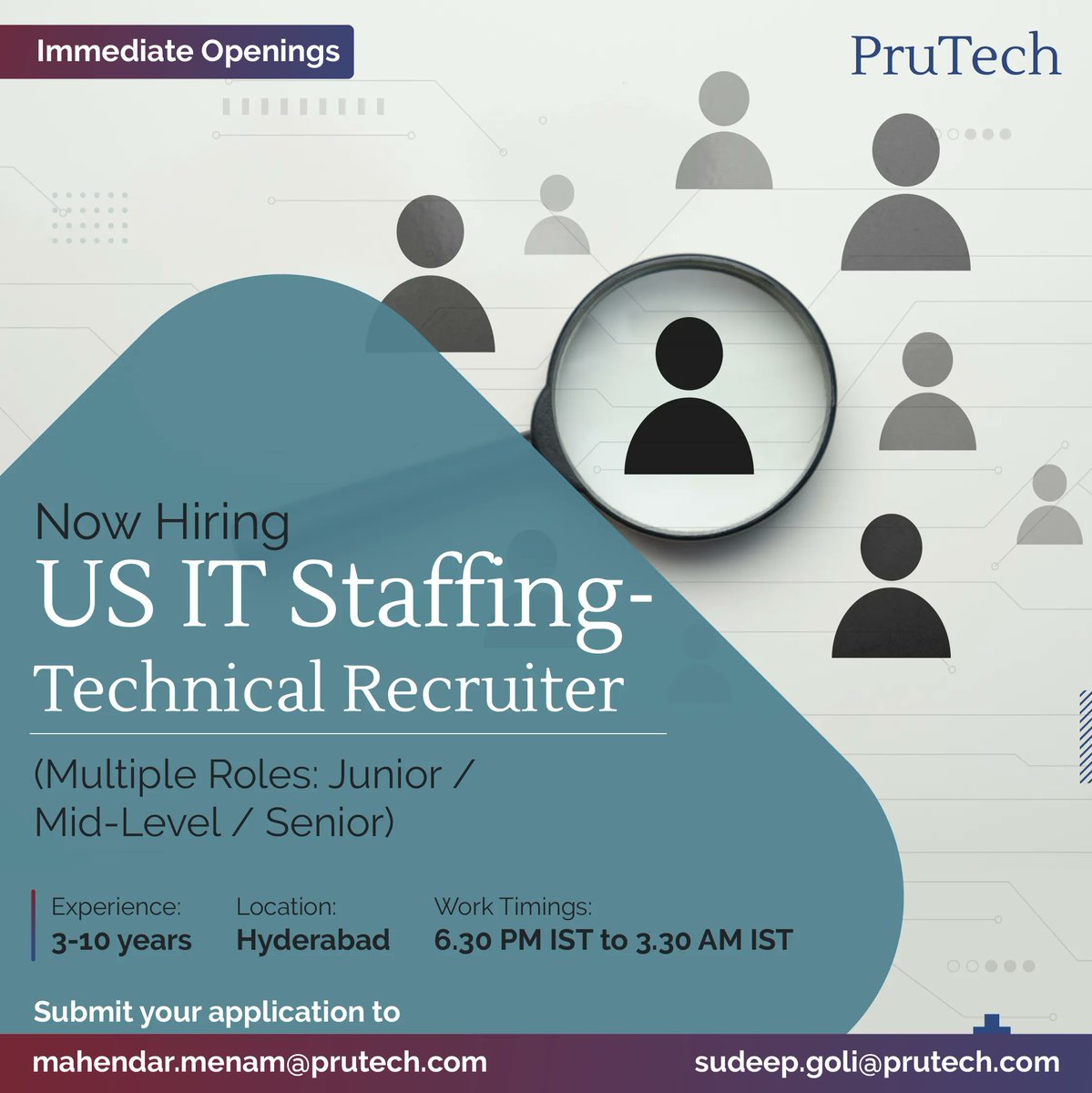 PruTech_India's tweet image. Join PruTech and accelerate your recruitment career with a global IT force.
Apply today at the details given below.
#PruTechSolutions #hiring #hiringalert #HIRINGNOW #recruitment #HR