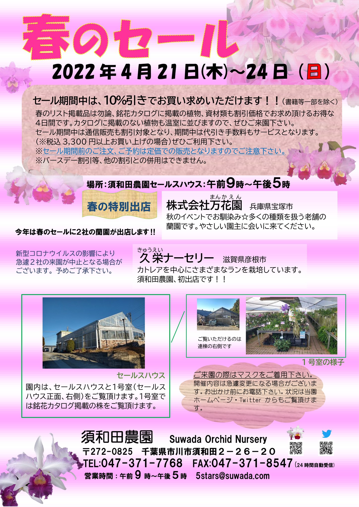 تويتر 須和田農園 على تويتر イベント情報 明日の4月21日 木 から24日 日 は須和田農園春のセールの開催日です 今年は兵庫県の万花園さんと 滋賀県の久栄ナーセリーさんが特別出店で須和田農園に来てくださります ここでしか出会えない蘭がきっとあるはず تويتر 須和田農園 على تويتر イベント情報 明日の4月21日 木 から24日 日 は須和田農園春のセールの開催日です 今年は兵庫県の万花園さんと 滋賀県の久栄ナーセリーさんが特別出店で須和田農園に来てくださります ここでしか出会えない蘭がきっとあるはず