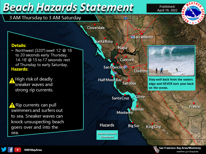 NWSBayArea's tweet photo. Beach Hazards Statement issued for 3 am Thursday to 3 am Saturday. #CAbeaches #CAwx https://t.co/DvuiQkvD9s